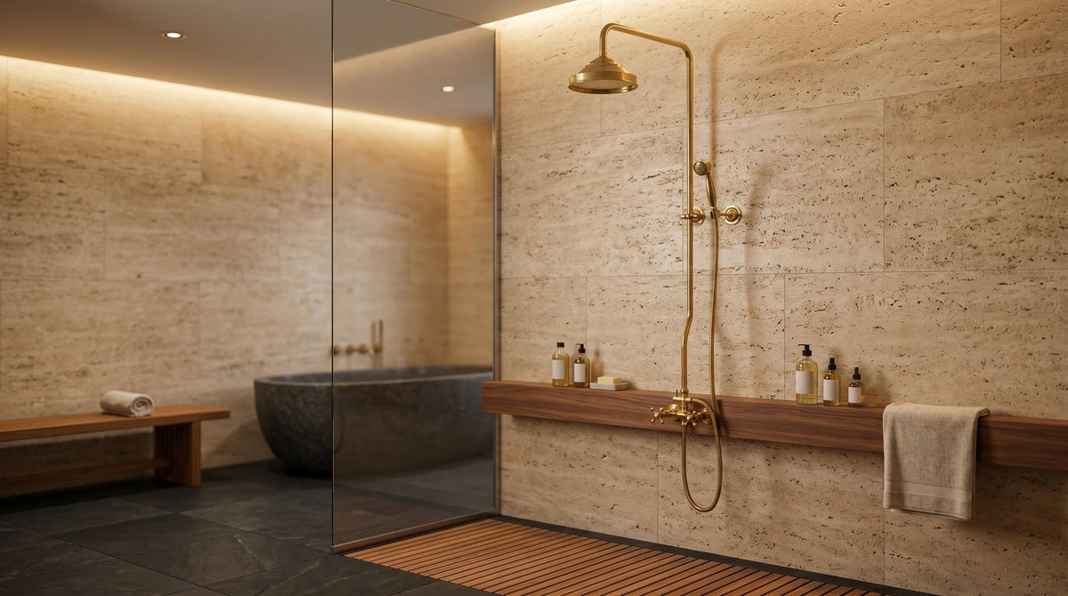 Unlacquered Brass Shower System Set – Solid Brass Bathroom Fixture, Vintage Moroccan Rainfall Shower, Morocco Handmade Bath Hardware