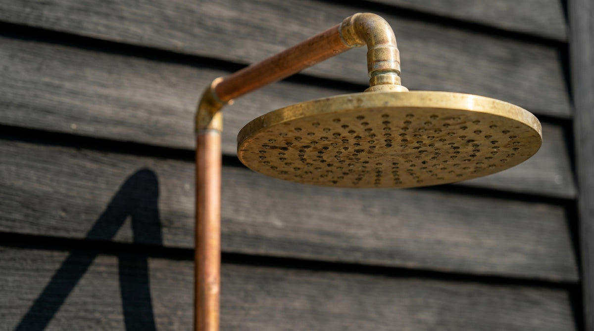 Handmade Copper Outdoor Shower System Wall Mount | Brass Rain Shower Head Garden Pool Shower | Rustic Industrial Artisan Pipe Shower Set