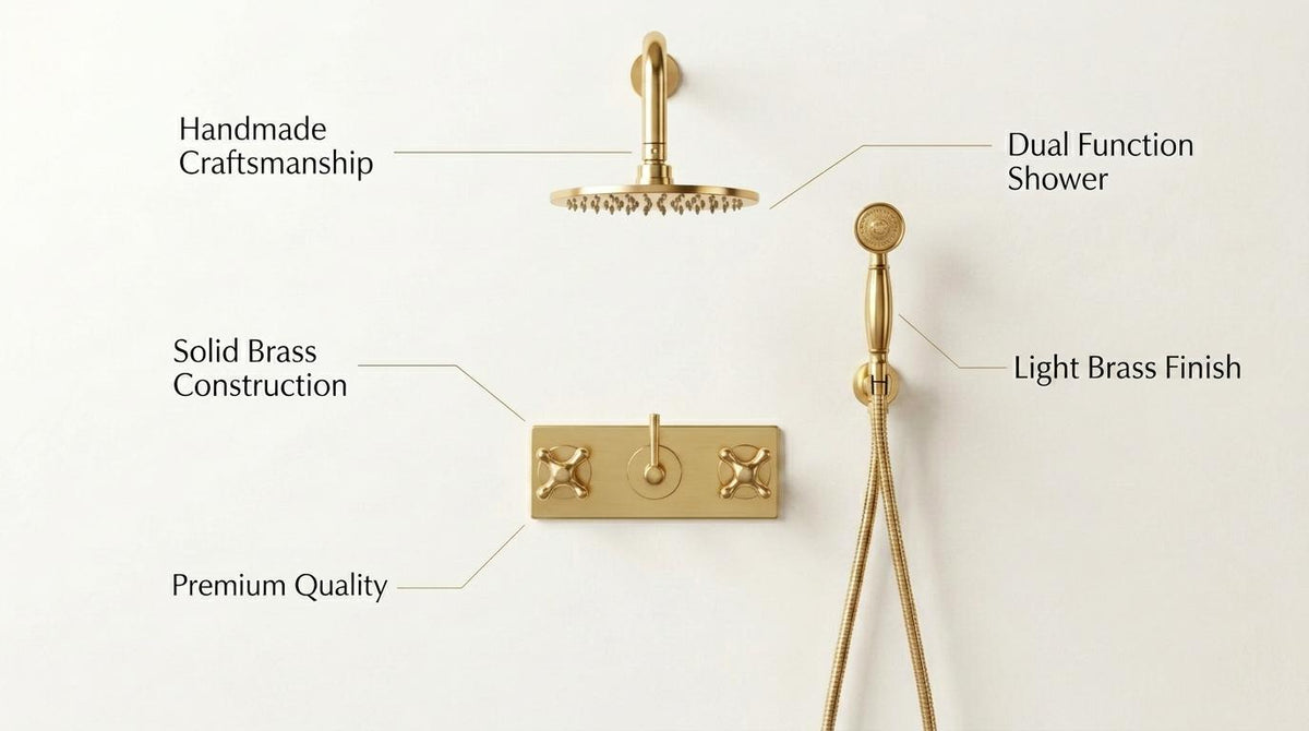 Unlacquered Brass Shower System, Solid Brass Wall-Mounted Rainfall & Handheld, Vintage Style