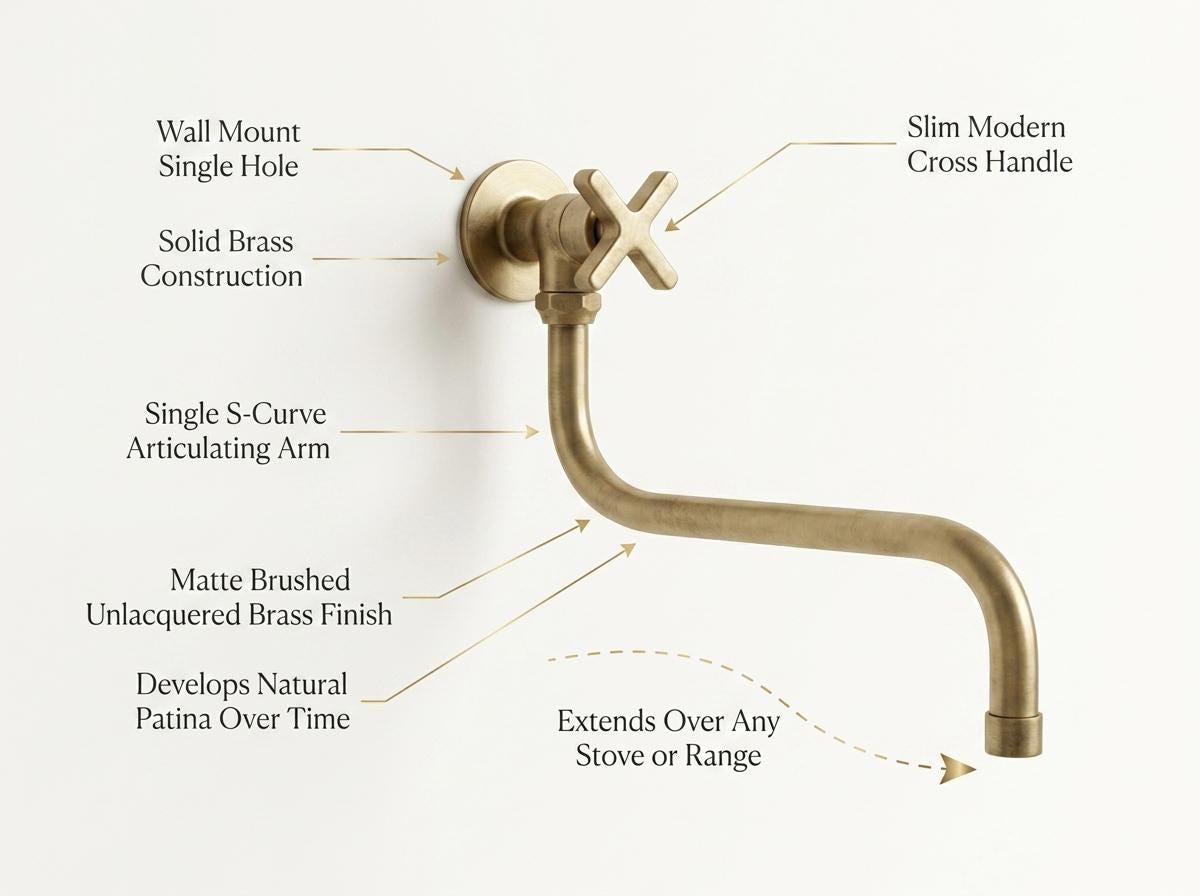 Handmade Unlacquered Brass Pot Filler Faucet Wall Mount | Solid Brass Stove Filler Vintage Farmhouse Kitchen Tap | Moroccan Artisan Fixture
