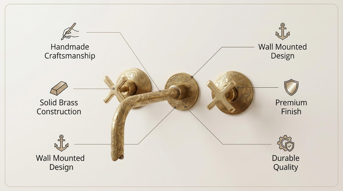 Engraved Brass 3-Hole Wall Faucet | Moroccan Double Handle Arabesque Bathroom Tap | Unlacquered Polished Luxury Artisan Sink Faucet