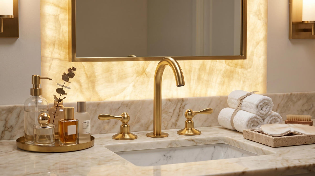 Handcrafted brass kitchen faucet in a refined kitchen