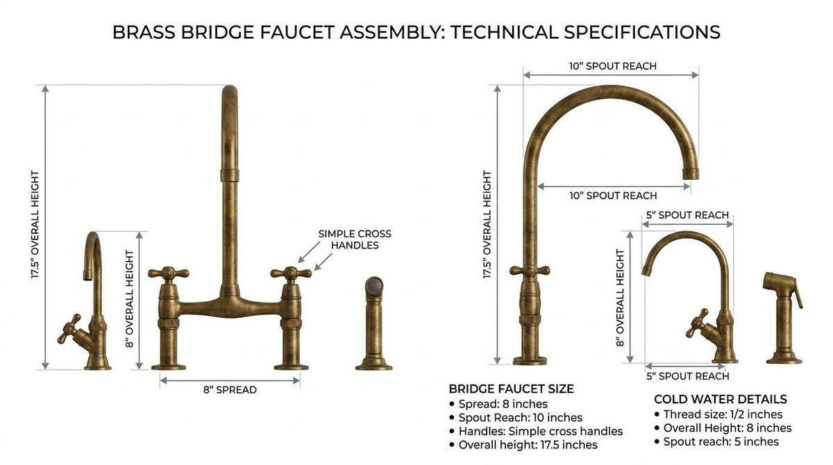 Handmade Unlacquered Brass Bridge Kitchen Faucet | 8 Inch Cross Handle With Side Sprayer | Vintage Antique Farmhouse Moroccan Artisan Tap