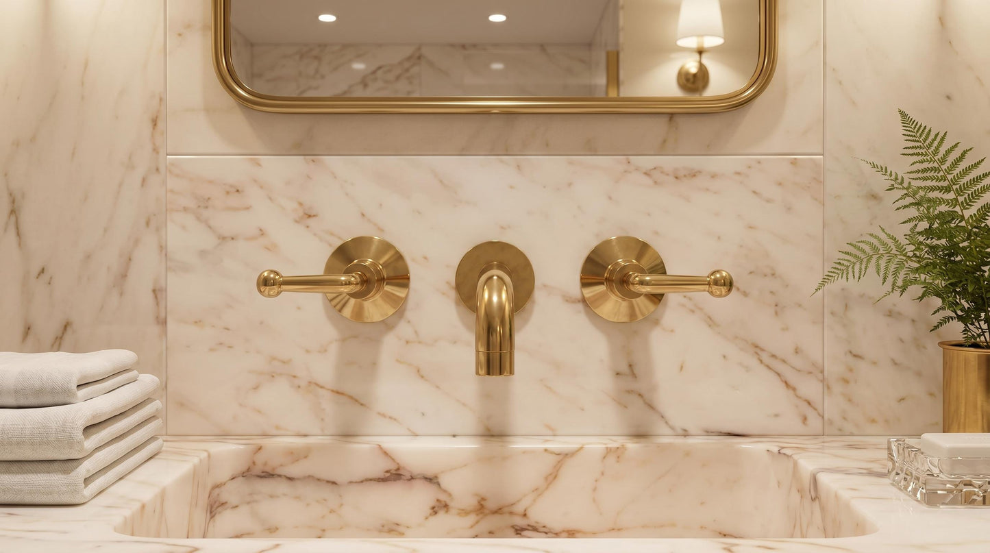Unlacquered Brass 3-Hole Wall Mount Faucet | Lever Handle Bathroom Tap | Vintage Antique Solid Brass Widespread Luxury Sink Faucet