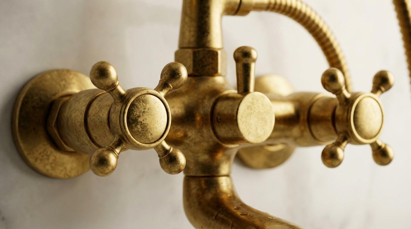 Handmade Unlacquered Brass Wall Mount Tub Faucet With Hand Shower | Vintage Clawfoot Bathtub Filler | Moroccan Artisan Living Patina Tap