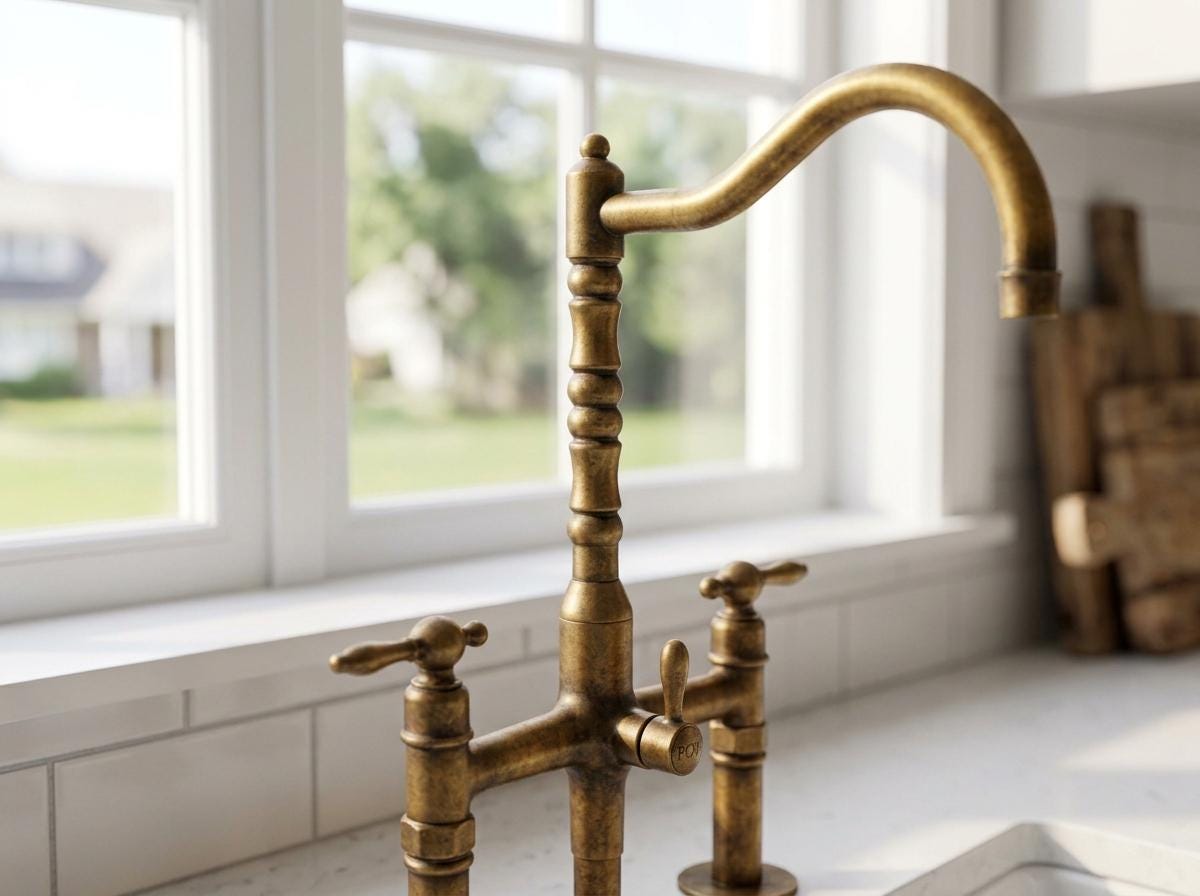 Unlacquered Brass 3 Hole Bridge Kitchen Faucet With Sprayer | Antique Farmhouse Lever Handle Tap | Vintage Living Patina Moroccan Artisan