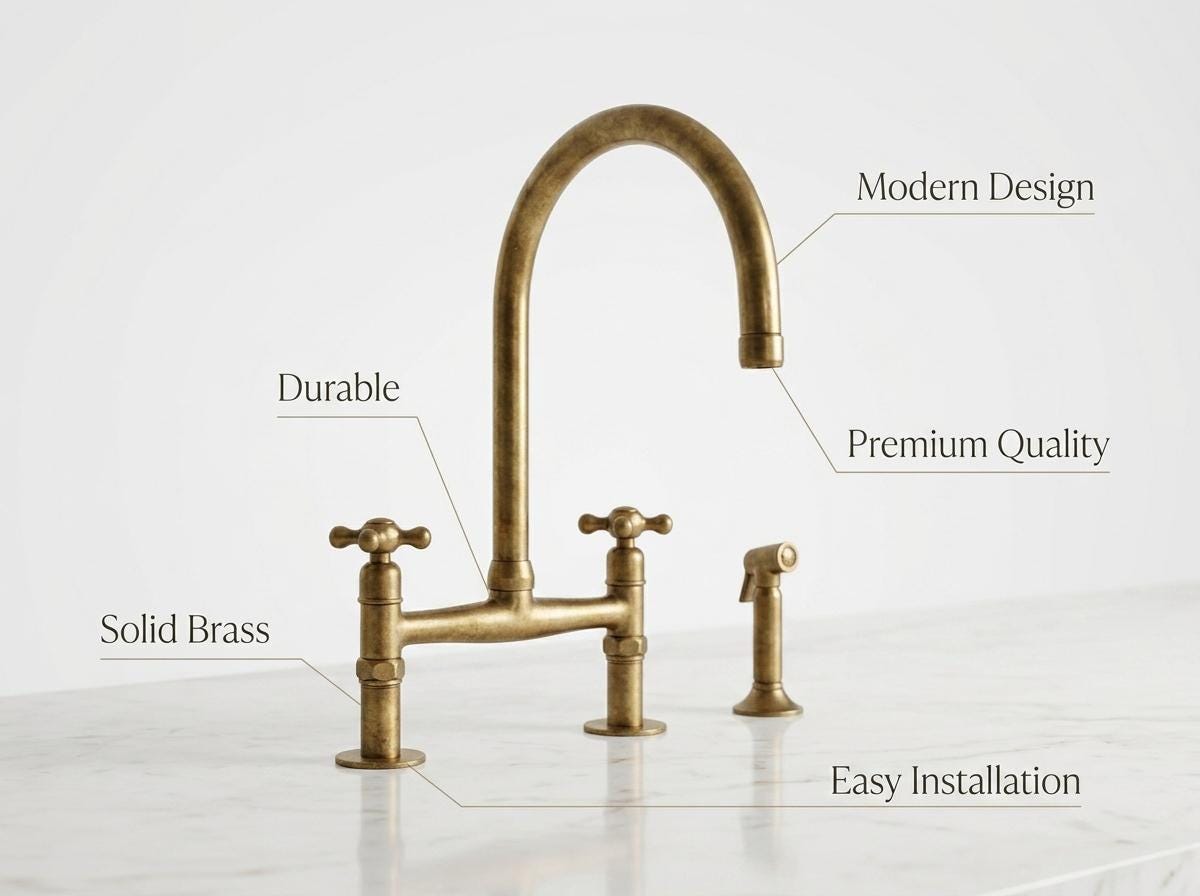 Unlacquered Brass Bridge Kitchen Faucet – Solid Brass Deck-Mount, Victorian Style, with Brass Sprayer & Cold Tap
