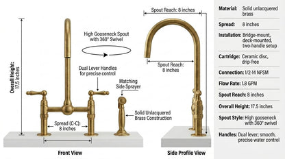 Unlacquered Brass Bridge Kitchen Faucet, Solid Brass with Side Sprayer, Vintage Aged-Brass Style, Morocco Handmade Faucet