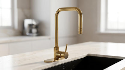 Unlacquered Solid Brass Kitchen Faucet, Gooseneck with Base — Vintage Bridge Tap, Bar/Prep Sink