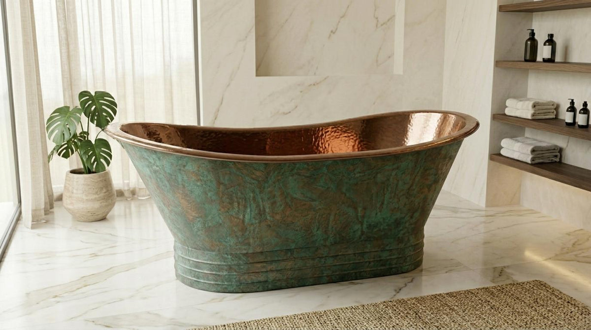 Handmade Copper Bathtub – Hammered Freestanding Soaking Tub, Vintage Patina Bath, Luxury Artisan Metal Bathtub