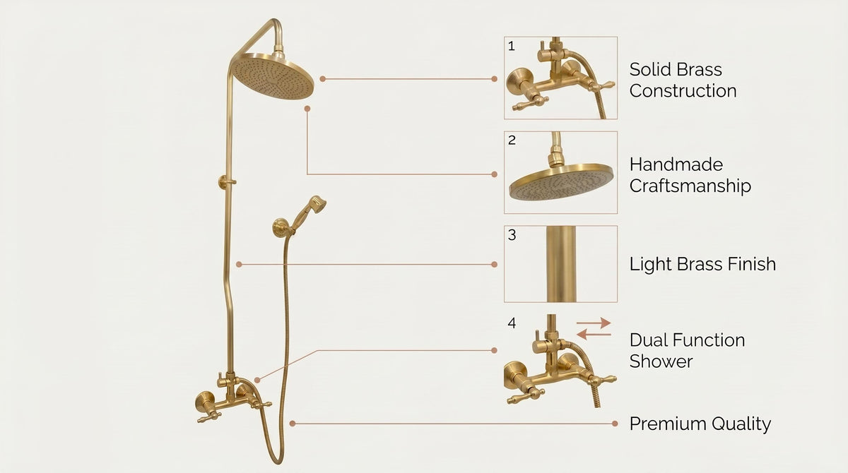 Unlacquered Brass Shower System Set – Solid Brass Bathroom Fixture, Vintage Moroccan Rainfall Shower, Morocco Handmade Bath Hardware