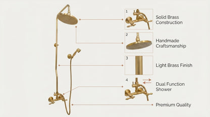 Unlacquered Brass Shower System Set – Solid Brass Bathroom Fixture, Vintage Moroccan Rainfall Shower, Morocco Handmade Bath Hardware
