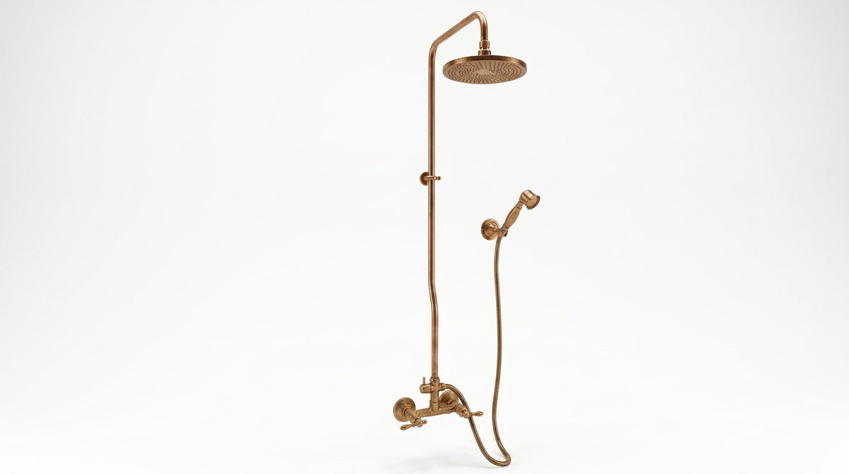 Unlacquered Brass Shower System Set – Solid Brass Bathroom Fixture, Vintage Moroccan Rainfall Shower, Morocco Handmade Bath Hardware