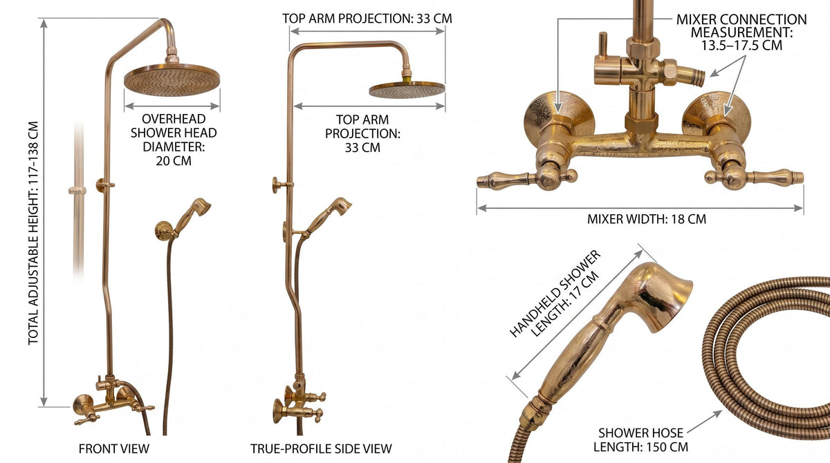 Unlacquered Brass Shower System Set – Solid Brass Bathroom Fixture, Vintage Moroccan Rainfall Shower, Morocco Handmade Bath Hardware