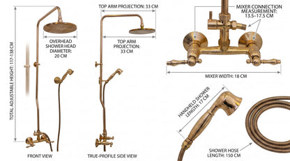 Unlacquered Brass Shower System Set – Solid Brass Bathroom Fixture, Vintage Moroccan Rainfall Shower, Morocco Handmade Bath Hardware