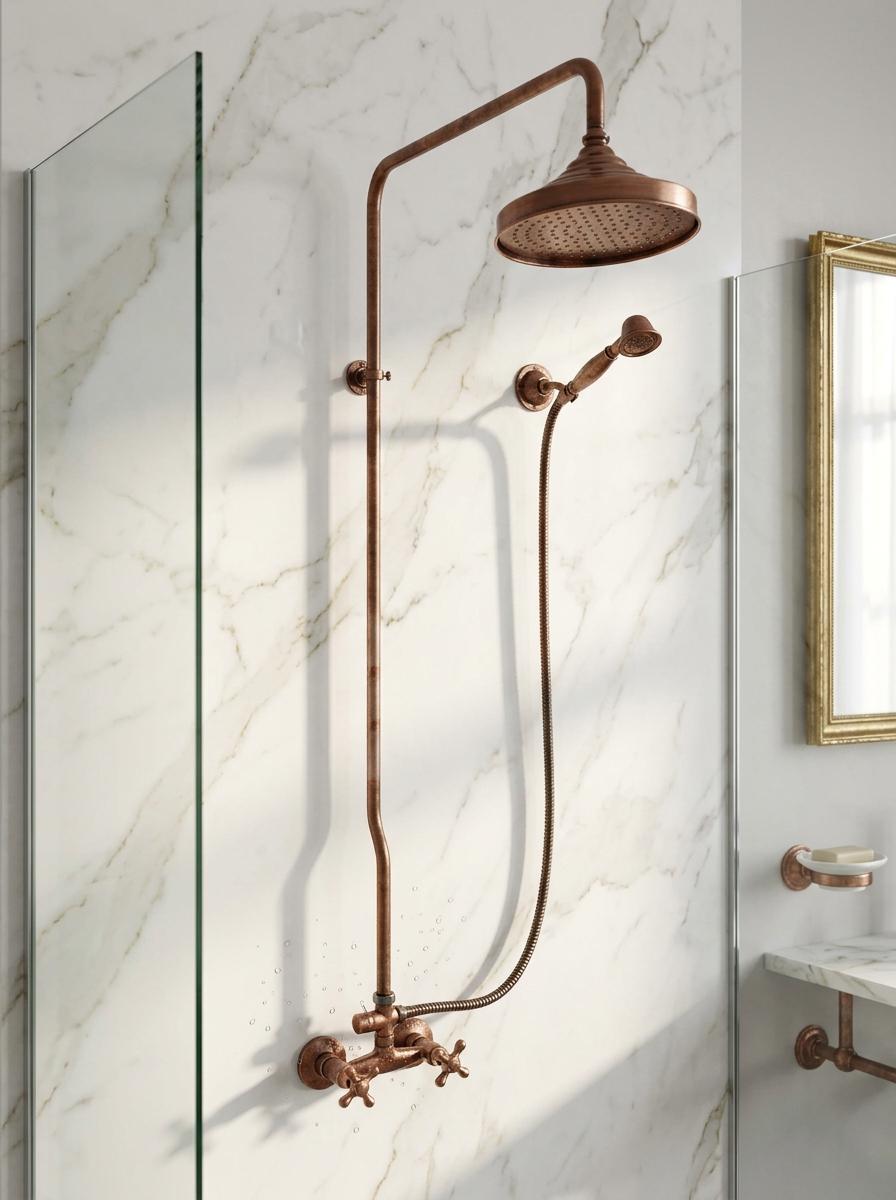 Copper Rain Shower System, Solid Copper Exposed Pipe Faucet, Vintage Industrial Dark Patina, Rustic Rain Head, Handmade in Morocco