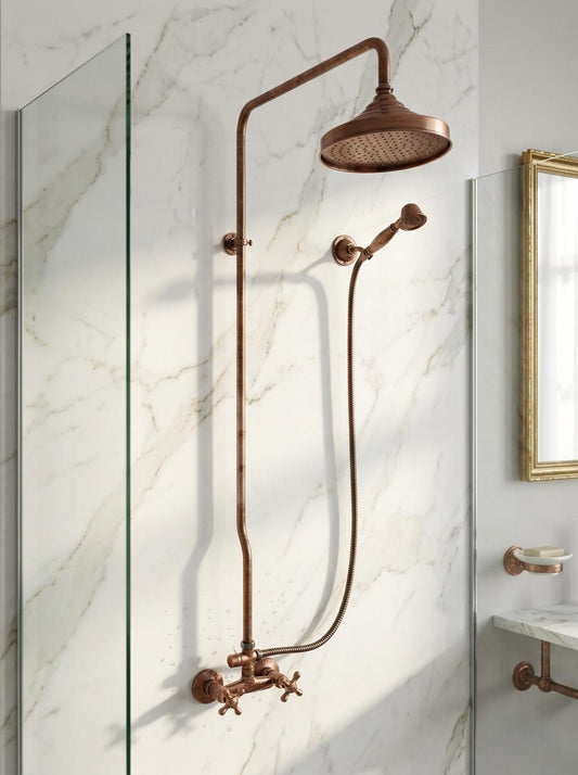 Copper Rain Shower System, Solid Copper Exposed Pipe Faucet, Vintage Industrial Dark Patina, Rustic Rain Head, Handmade in Morocco