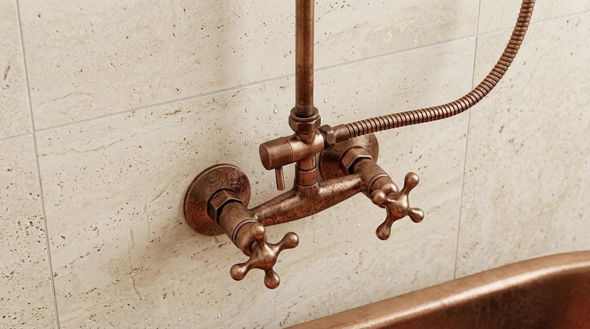 Copper Rain Shower System, Solid Copper Exposed Pipe Faucet, Vintage Industrial Dark Patina, Rustic Rain Head, Handmade in Morocco