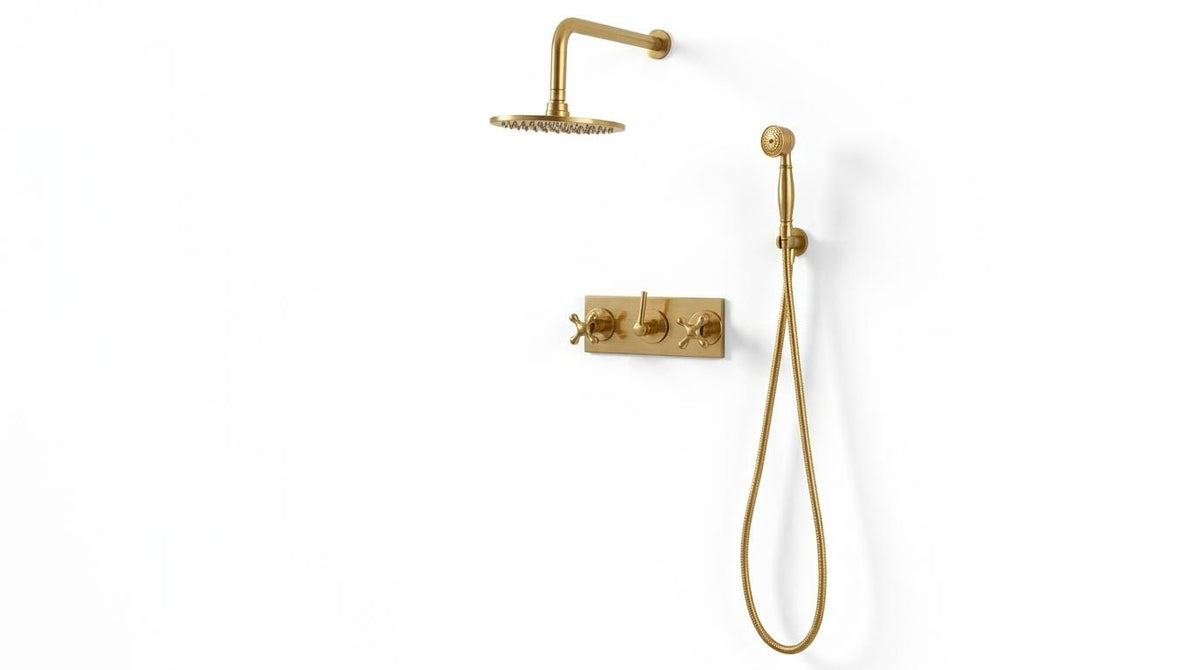 Unlacquered Brass Shower System, Solid Brass Wall-Mounted Rainfall & Handheld, Vintage Style