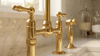Unlacquered Brass Bridge Kitchen Faucet, Solid Brass with Side Sprayer, Vintage Aged-Brass Style, Morocco Handmade Faucet