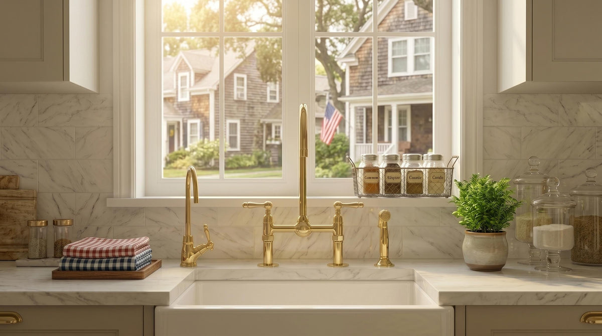 Unlacquered Brass Bridge Kitchen Faucet, Solid Brass with Side Sprayer, Vintage Aged-Brass Style, Morocco Handmade Faucet