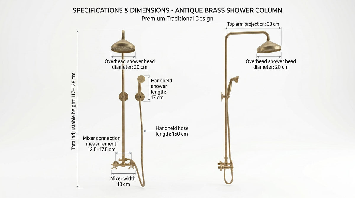 Unlacquered Brass Shower System Set – Rainfall Bathroom Fixture, Vintage Style Patina, Handmade in Morocco, Solid Brass