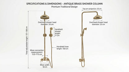 Unlacquered Brass Shower System Set – Rainfall Bathroom Fixture, Vintage Style Patina, Handmade in Morocco, Solid Brass