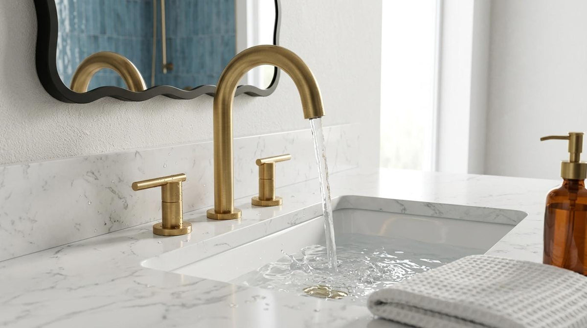 Handmade Brushed Brass Bathroom Faucet Widespread, 3 Hole Double Handle Vanity Tap, Modern Luxury Satin Gold Basin Faucet Artisan