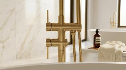 Handmade Brushed Brass Freestanding Tub Filler Floor Mount | Satin Gold Bathtub Faucet With Hand Shower | Modern Luxury Artisan Tap