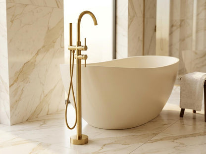 Handmade Brushed Brass Freestanding Tub Filler Floor Mount | Satin Gold Bathtub Faucet With Hand Shower | Modern Luxury Artisan Tap