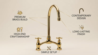 Unlacquered Brass Kitchen Faucet, Solid Brass, Vintage, Bridge Faucet, Morocco Handmade Faucet