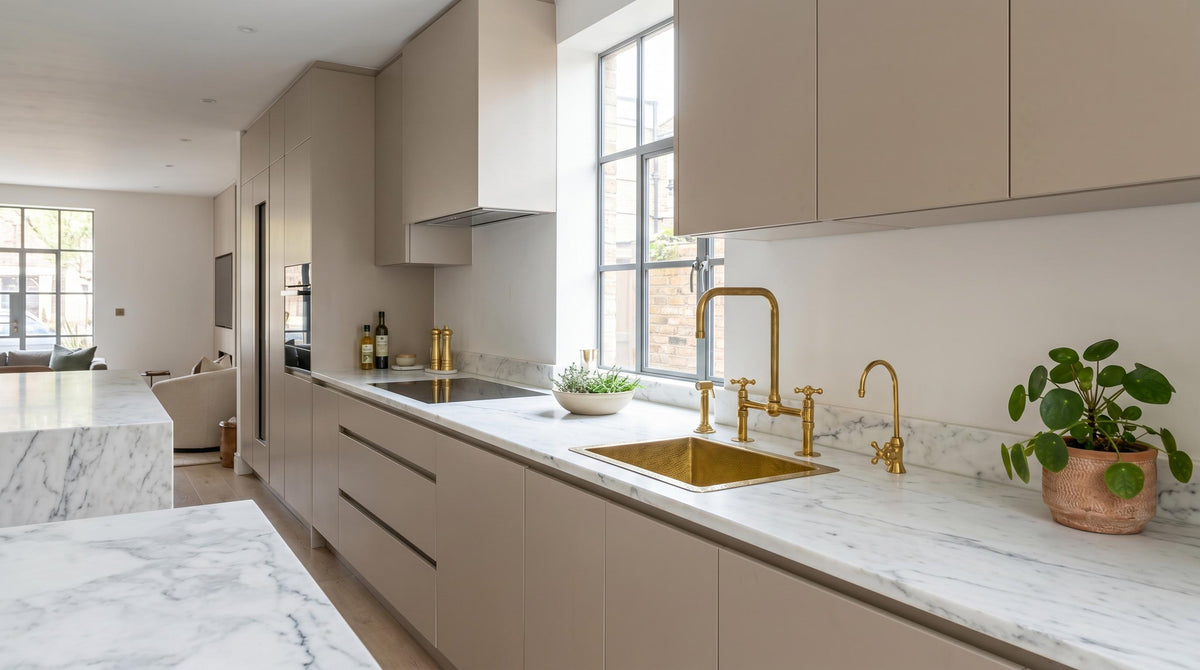 Unlacquered Brass Bridge Kitchen Faucet 8in, Solid Brass, Vintage Farmhouse Sink Tap w/ Cross Handles & Sprayer | Handmade in Morocco