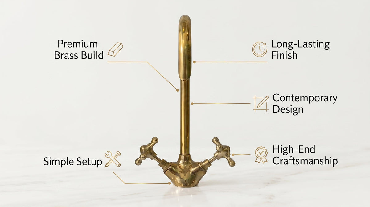 Bathroom Faucet Unlacquered Solid Brass Gooseneck Vanity Tap, Kitchen Faucet, Vintage Cross Handles, Aged Brass, Handmade in Morocco