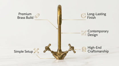 Bathroom Faucet Unlacquered Solid Brass Gooseneck Vanity Tap, Kitchen Faucet, Vintage Cross Handles, Aged Brass, Handmade in Morocco