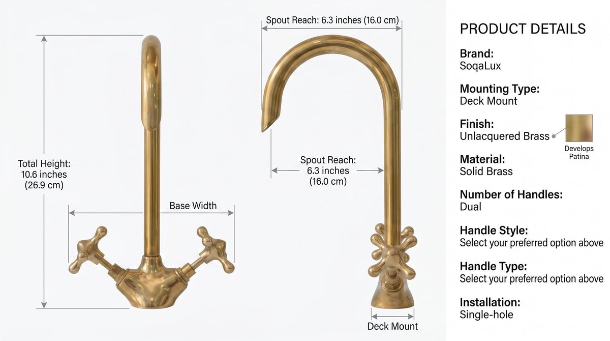 Bathroom Faucet Unlacquered Solid Brass Gooseneck Vanity Tap, Kitchen Faucet, Vintage Cross Handles, Aged Brass, Handmade in Morocco