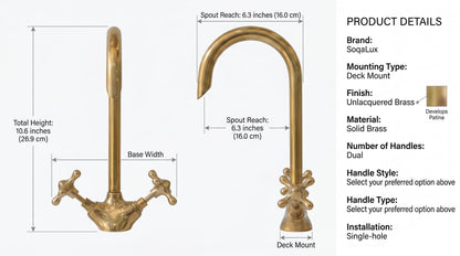Bathroom Faucet Unlacquered Solid Brass Gooseneck Vanity Tap, Kitchen Faucet, Vintage Cross Handles, Aged Brass, Handmade in Morocco