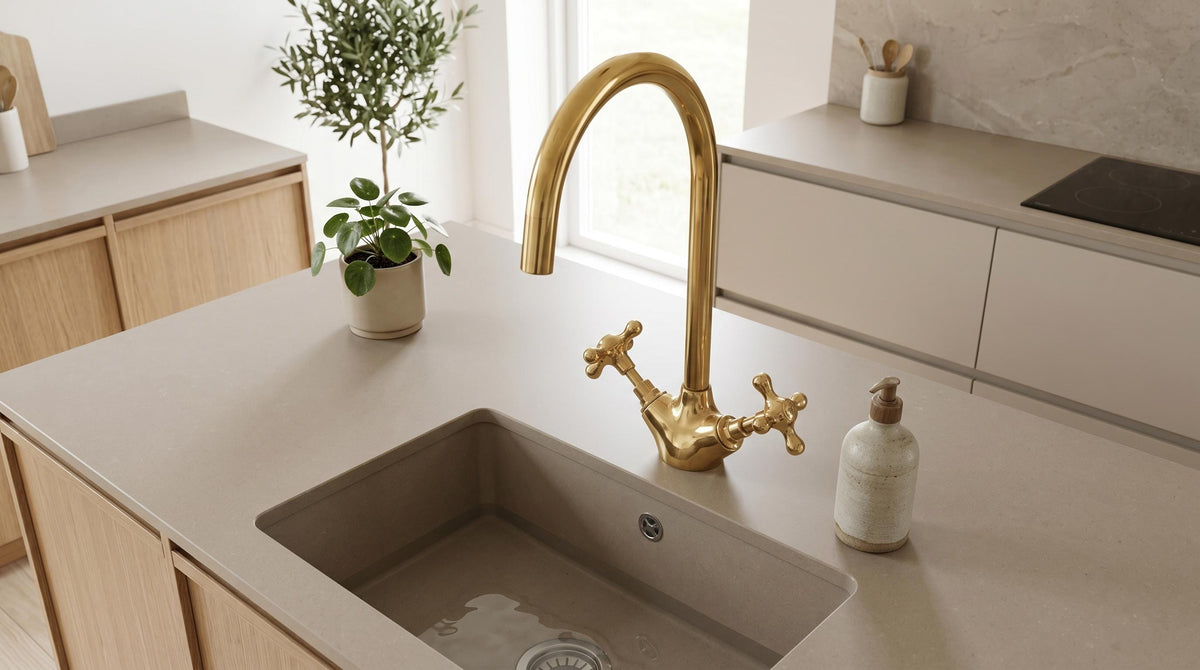 Bathroom Faucet Unlacquered Solid Brass Gooseneck Vanity Tap, Kitchen Faucet, Vintage Cross Handles, Aged Brass, Handmade in Morocco