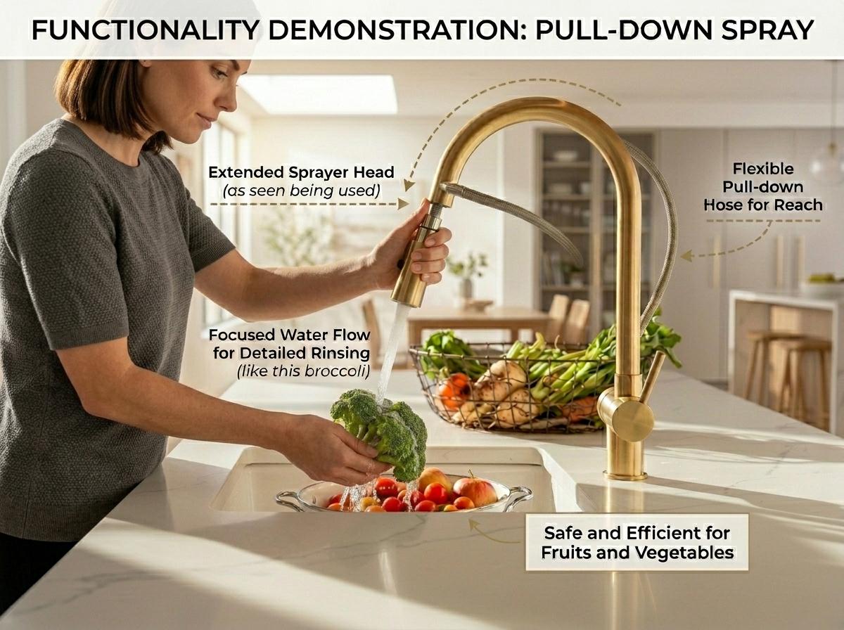 Unlacquered Brass Kitchen Faucet, Solid Brass Single-Hole Pull-Down Sprayer, Vintage Style Mixer Tap