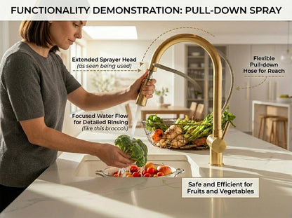 Unlacquered Brass Kitchen Faucet, Solid Brass Single-Hole Pull-Down Sprayer, Vintage Style Mixer Tap