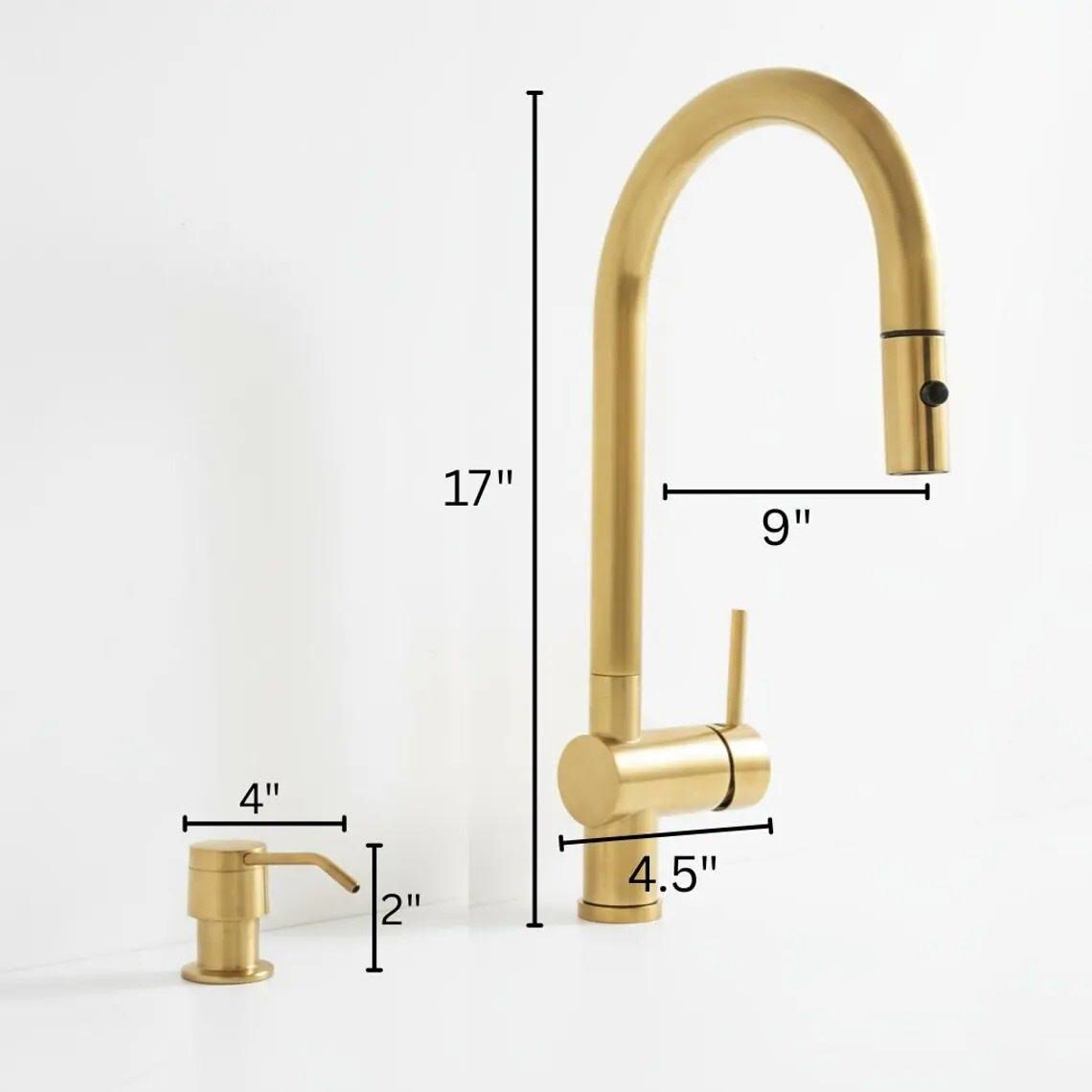 Unlacquered Brass Kitchen Faucet, Solid Brass Single-Hole Pull-Down Sprayer, Vintage Style Mixer Tap