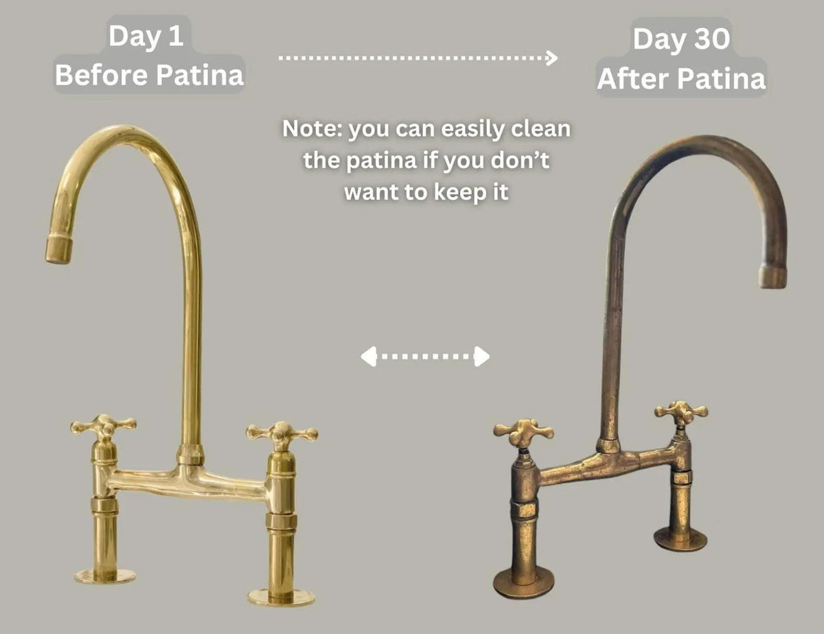 Unlacquered Brass Bridge Kitchen Faucet – Solid Brass Deck-Mount, Victorian Style, with Brass Sprayer & Cold Tap