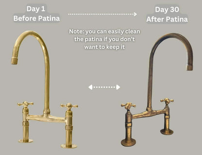 Unlacquered Brass Bridge Kitchen Faucet – Solid Brass Deck-Mount, Victorian Style, with Brass Sprayer & Cold Tap