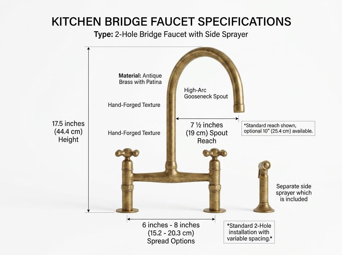 Unlacquered Brass Bridge Kitchen Faucet – Solid Brass Deck-Mount, Victorian Style, with Brass Sprayer & Cold Tap
