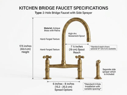Unlacquered Brass Bridge Kitchen Faucet – Solid Brass Deck-Mount, Victorian Style, with Brass Sprayer & Cold Tap