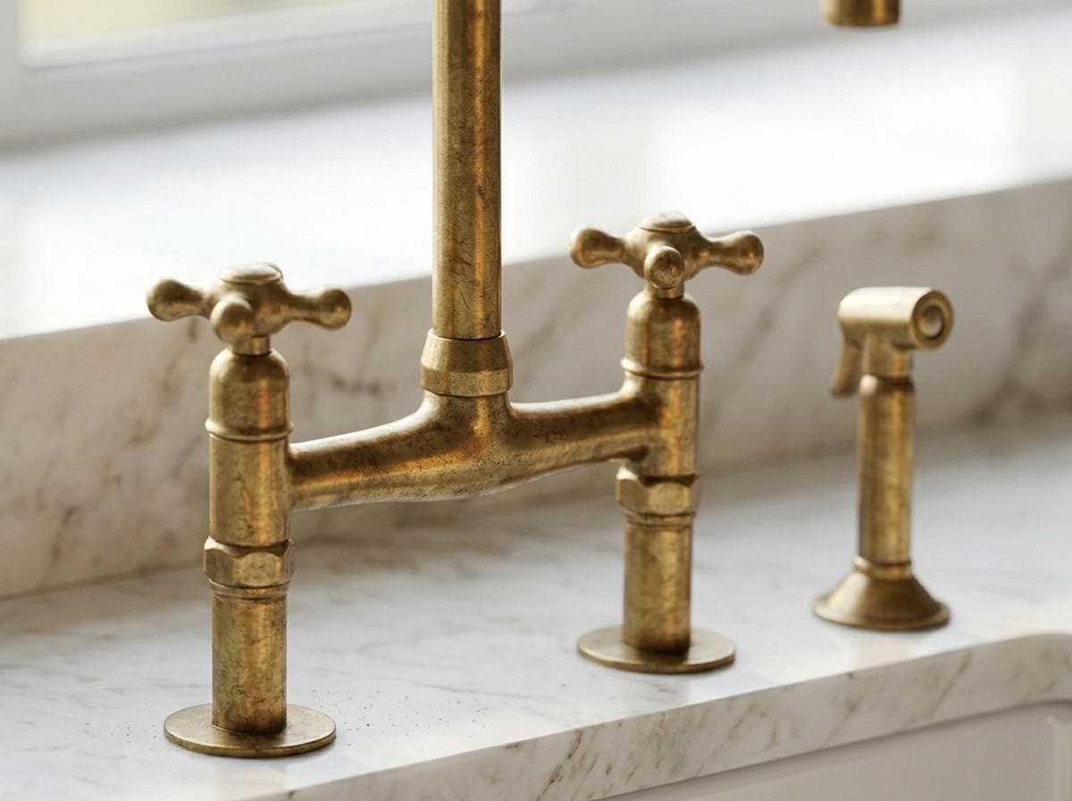 Unlacquered Brass Bridge Kitchen Faucet – Solid Brass Deck-Mount, Victorian Style, with Brass Sprayer & Cold Tap