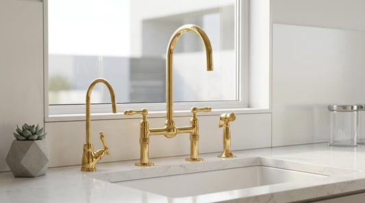 Unlacquered Brass Bridge Kitchen Faucet, Solid Brass with Side Sprayer, Vintage Aged-Brass Style, Morocco Handmade Faucet