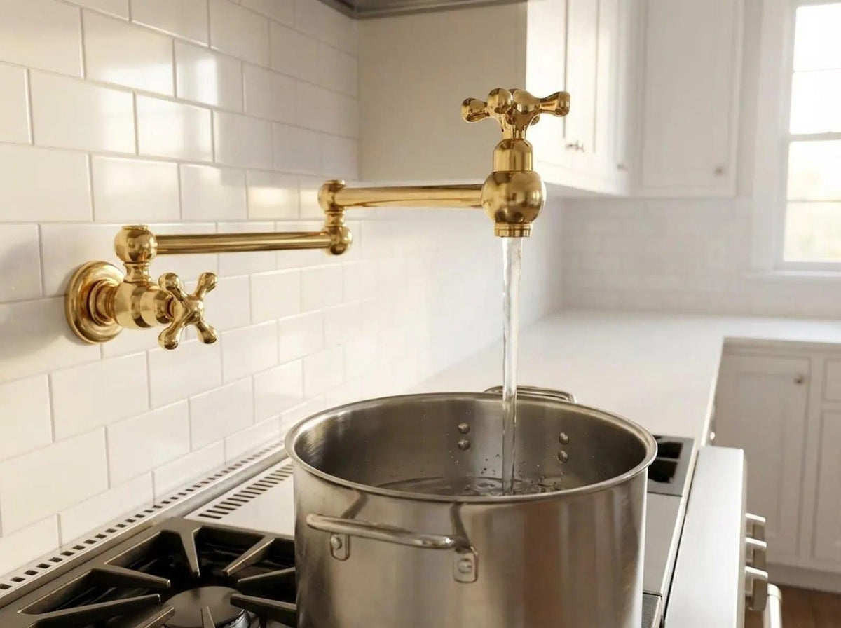 Unlacquered Brass Pot Filler Faucet, Wall Mount, Vintage Kitchen Tap, Stove Pot Filler, Morocco Handmade Pot Filler