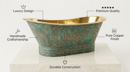 Luxury Hammered Copper Bathtub – Handmade Freestanding Soaking Tub, Vintage Patina Style, Artisan Metal Bath Tub
