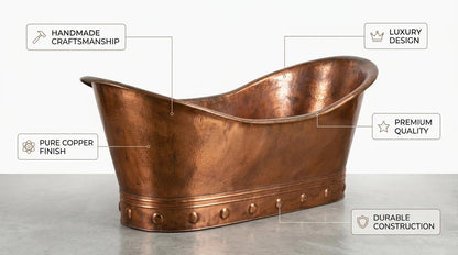 Handcrafted Solid Copper Bathtub Freestanding Soaking Tub | Hammered Vintage Rustic Moroccan Luxury Artisan Bath | Spa Bathroom Centerpiece