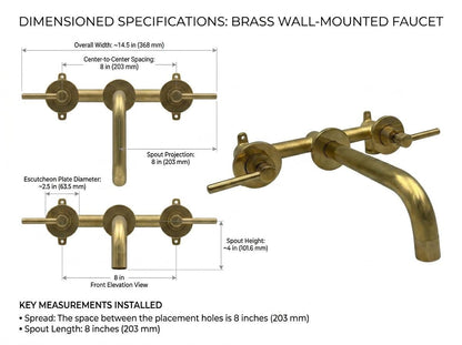 Handmade Unlacquered Brass Wall Mounted Bathroom Faucet | 3 Hole Wall Mount Basin Tap | Vintage Living Patina Artisan Moroccan Fixture